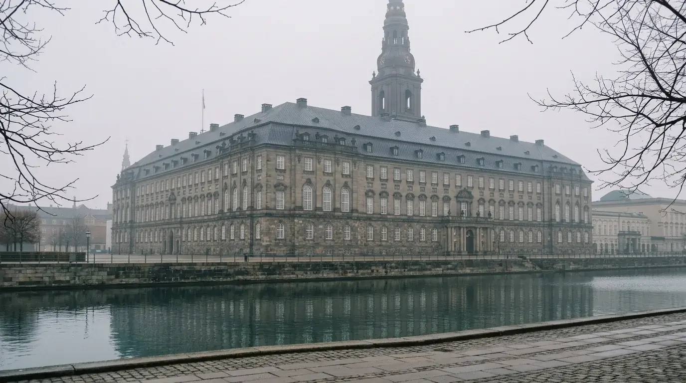 Christiansborg set udefra en tåget morgen — politisk ramme for Spilpakke 1 og nye reklameregler for spil